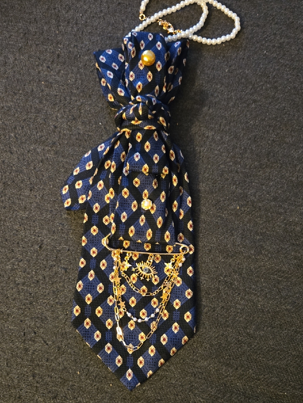 3/$60 Navy and Gold Folded Cravat with Gold Chain Accessory